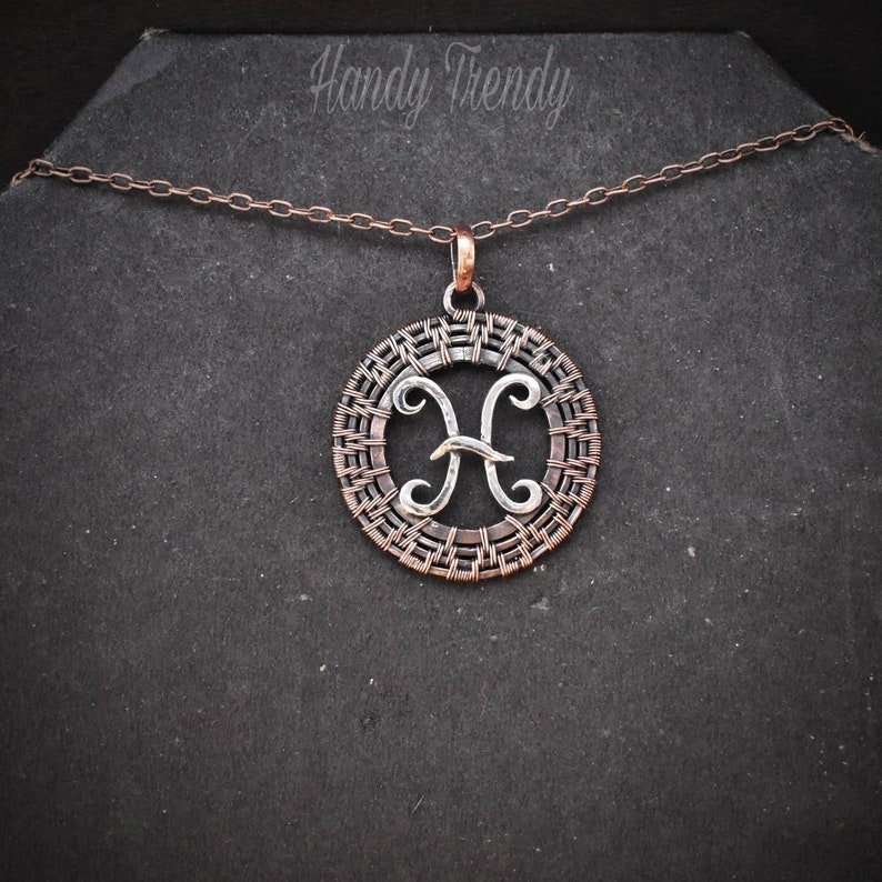 Pisces zodiac symbol pendant, 925 sterling silver and Copper wire wrapped necklace, Unique handmade gift, One of a kind jewelry