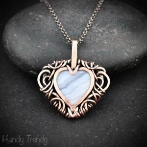 Blue lace agate heart pendant, Free-flow Copper wire wrap necklace, Unique handmade gift, One of a kind artisan boho jewelry