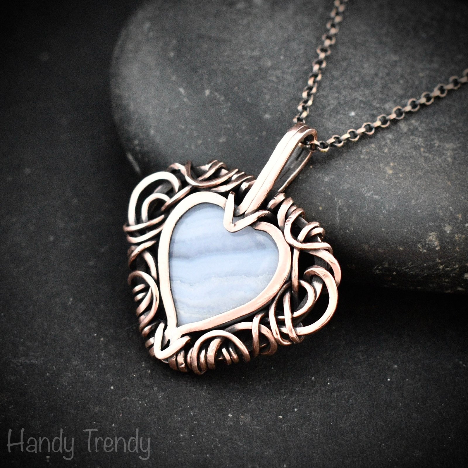 Blue lace agate heart pendant, Free-flow Copper wire wrap necklace, Unique handmade gift, One of a kind artisan boho jewelry