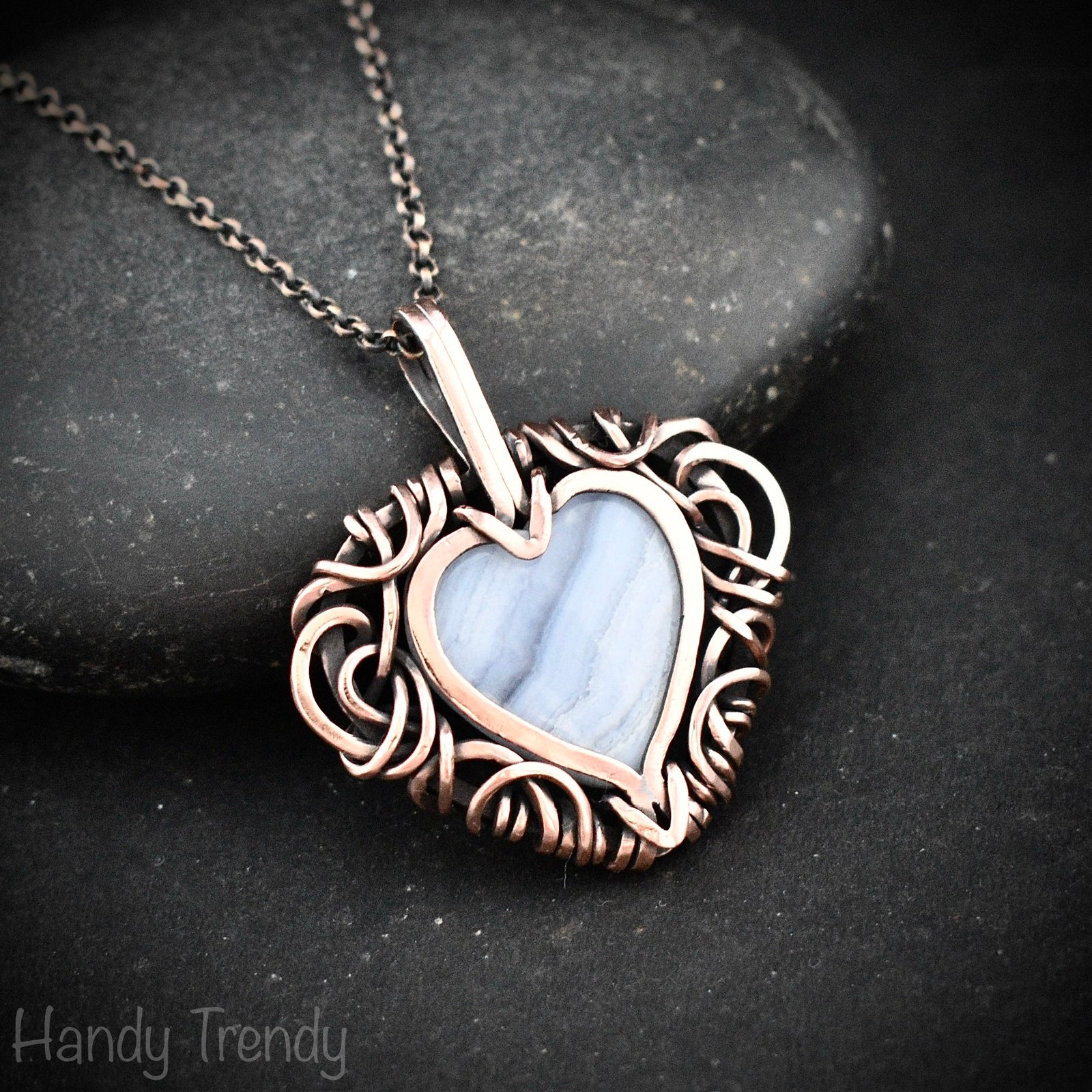 Blue lace agate heart pendant, Free-flow Copper wire wrap necklace, Unique handmade gift, One of a kind artisan boho jewelry