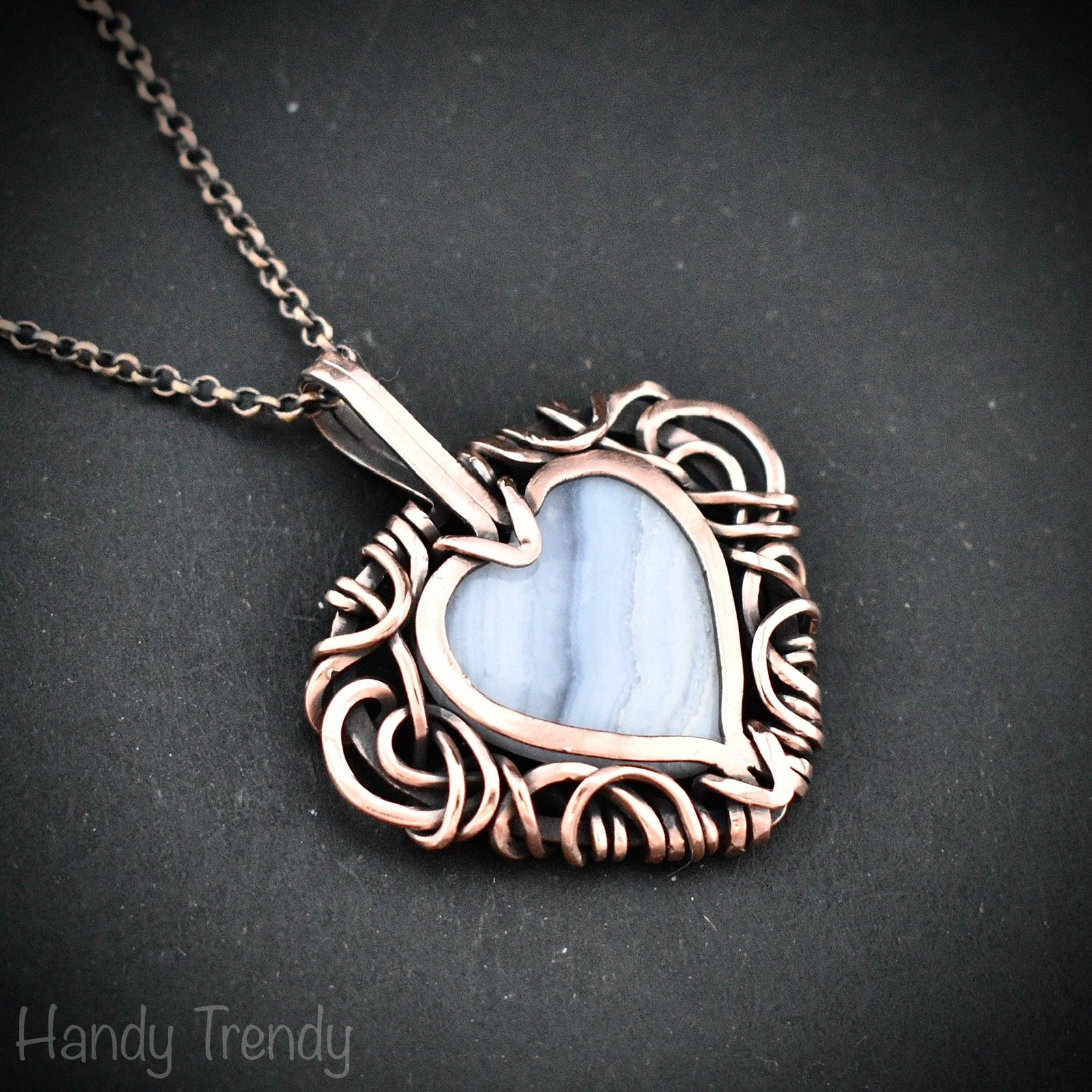Blue lace agate heart pendant, Free-flow Copper wire wrap necklace, Unique handmade gift, One of a kind artisan boho jewelry