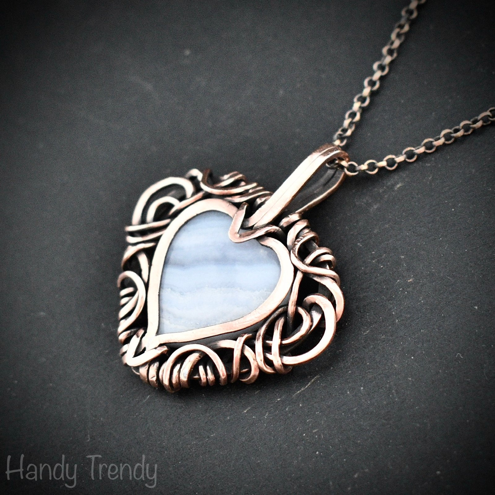 Blue lace agate heart pendant, Free-flow Copper wire wrap necklace, Unique handmade gift, One of a kind artisan boho jewelry