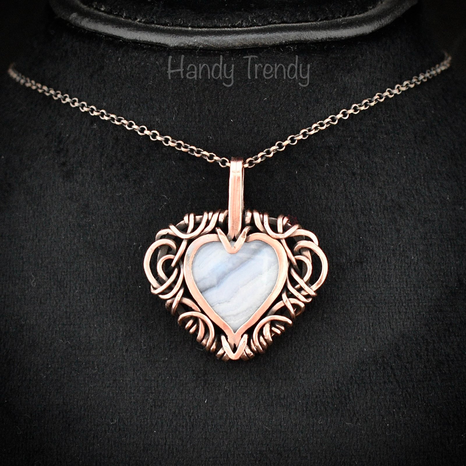 Blue lace agate heart pendant, Free-flow Copper wire wrap necklace, Unique handmade gift, One of a kind artisan boho jewelry