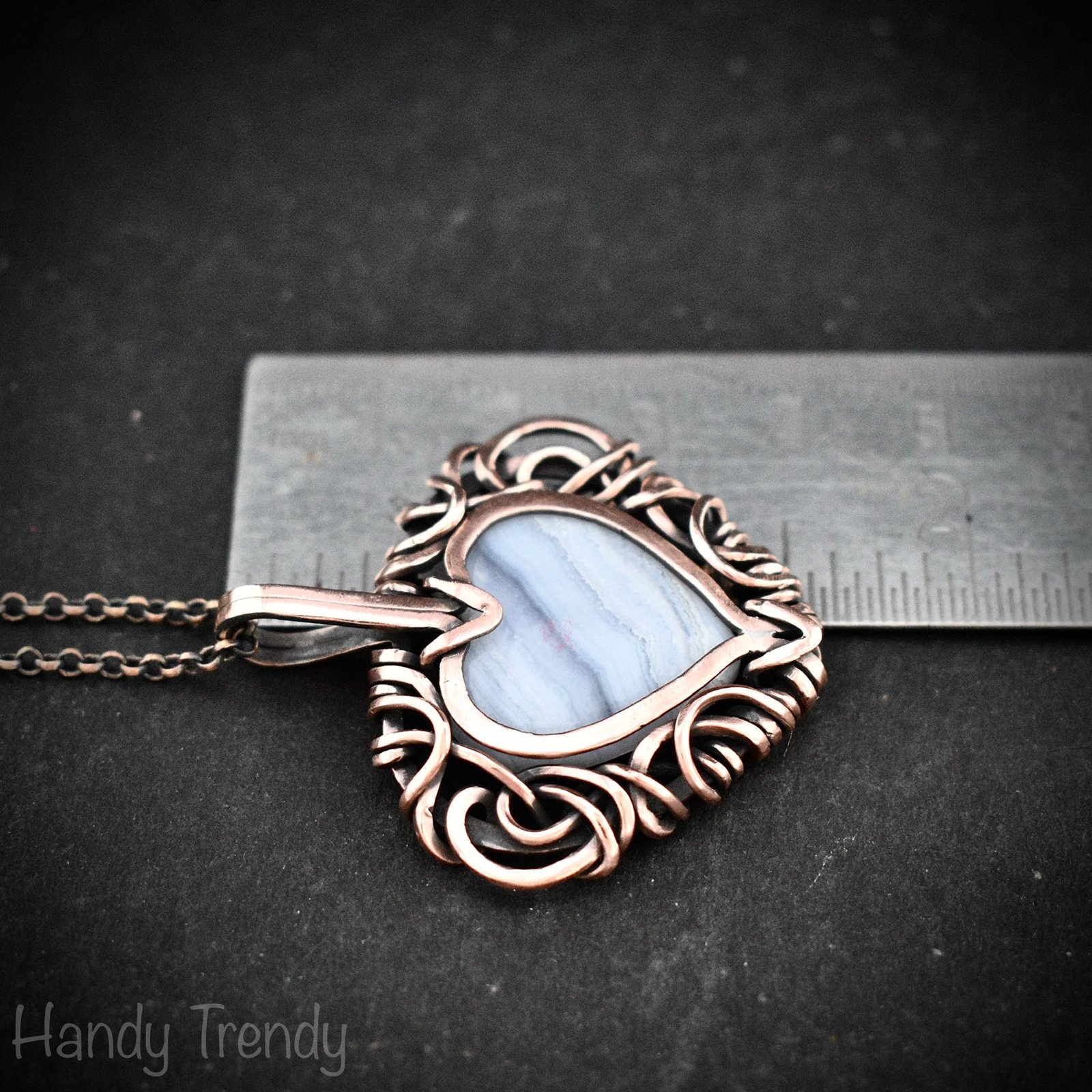 Blue lace agate heart pendant, Free-flow Copper wire wrap necklace, Unique handmade gift, One of a kind artisan boho jewelry