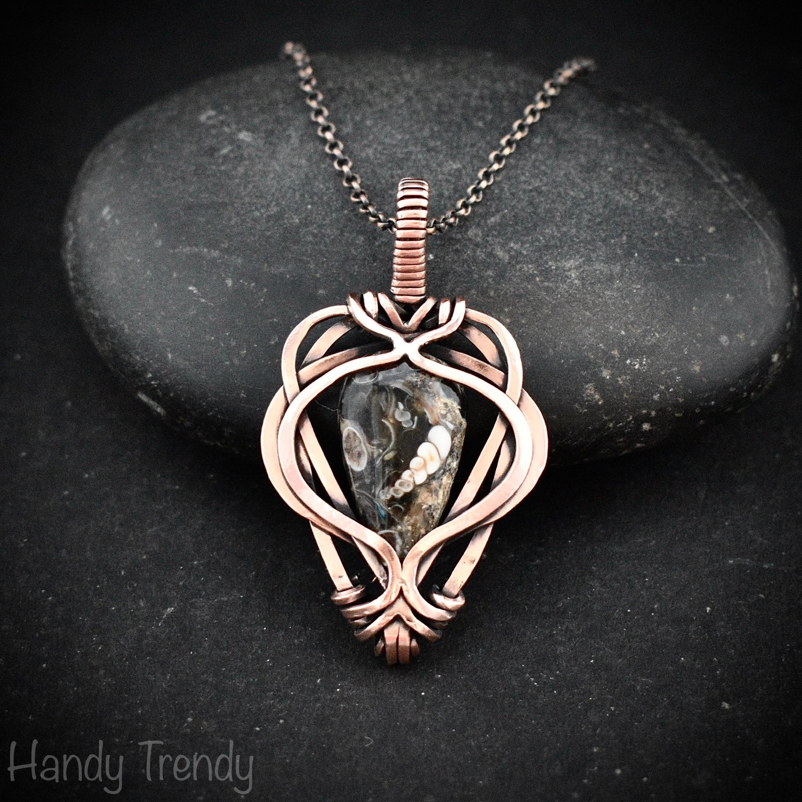 Turritella fossil pendant, Free flow copper wire wrapped necklace, Unique handmade gift, One of a kind jewelry, Artisan jewelry