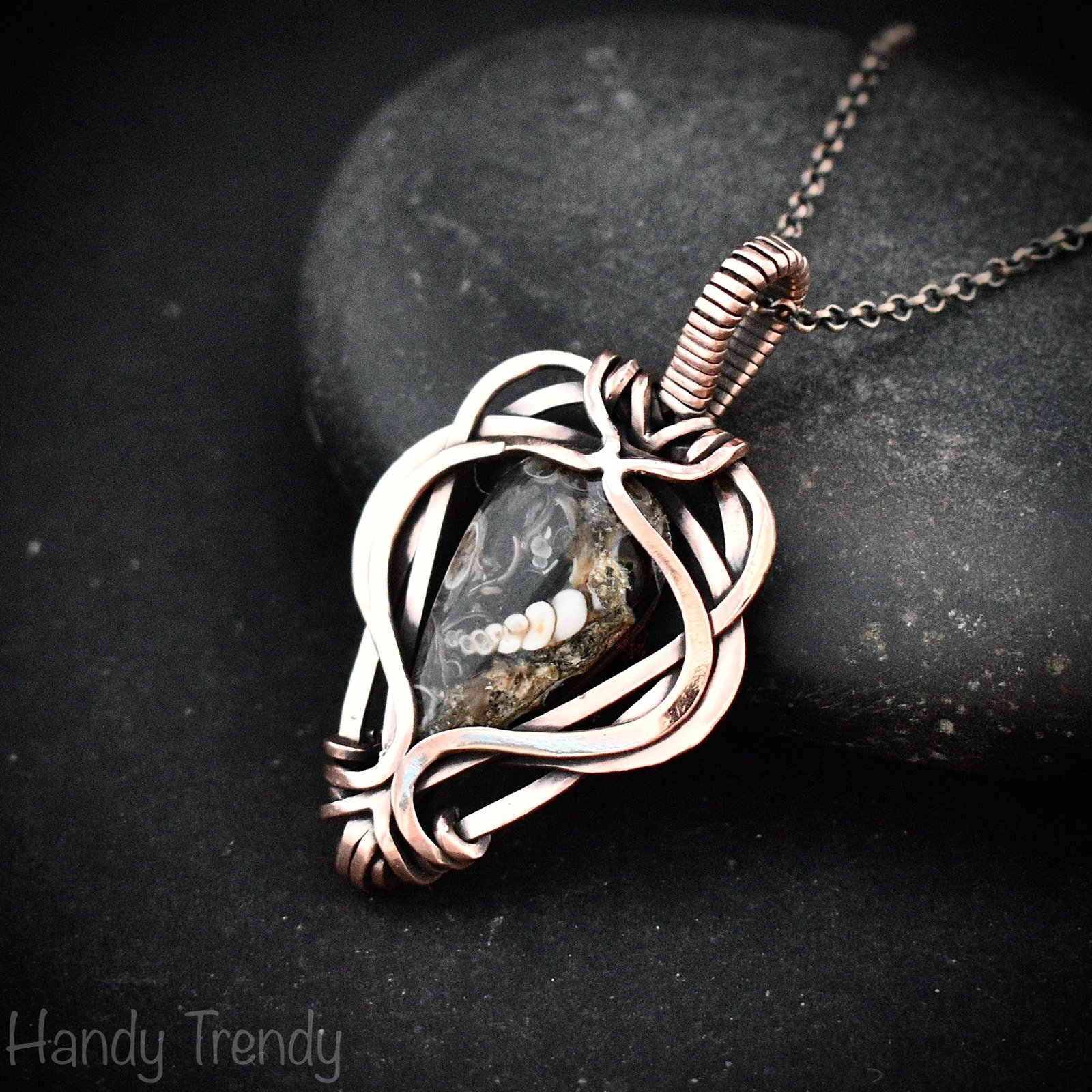 Turritella fossil pendant, Free flow copper wire wrapped necklace, Unique handmade gift, One of a kind jewelry, Artisan jewelry