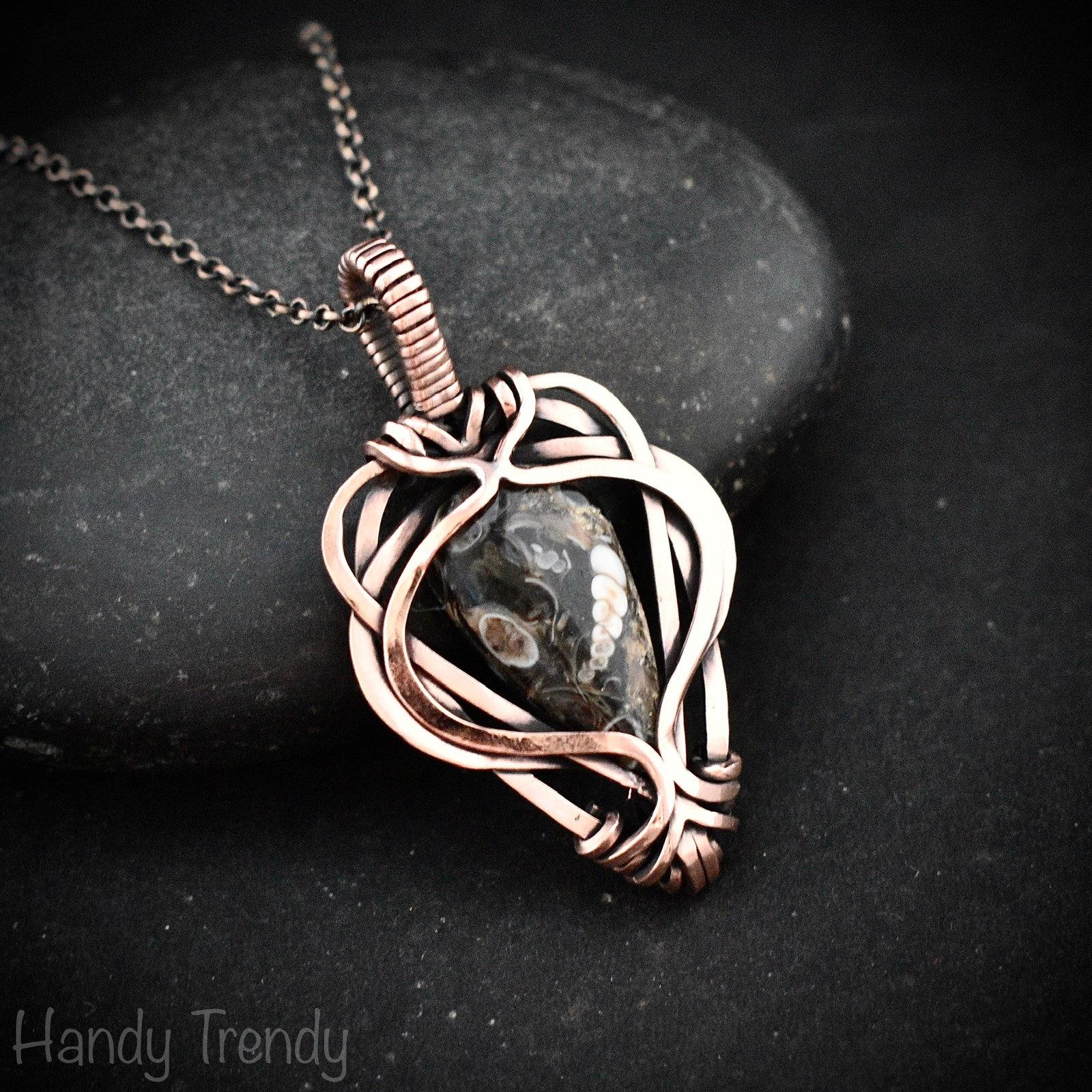 Turritella fossil pendant, Free flow copper wire wrapped necklace, Unique handmade gift, One of a kind jewelry, Artisan jewelry