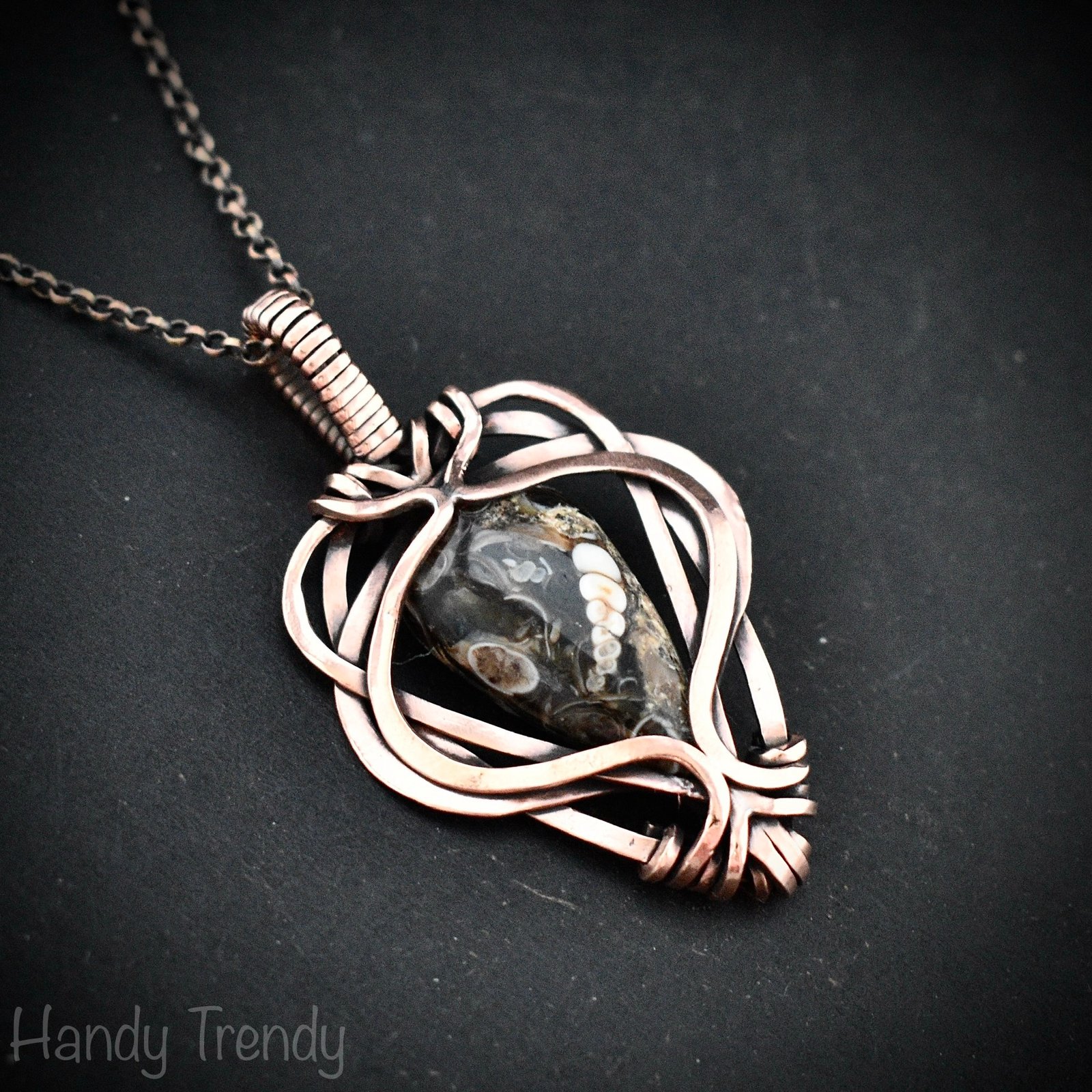 Turritella fossil pendant, Free flow copper wire wrapped necklace, Unique handmade gift, One of a kind jewelry, Artisan jewelry