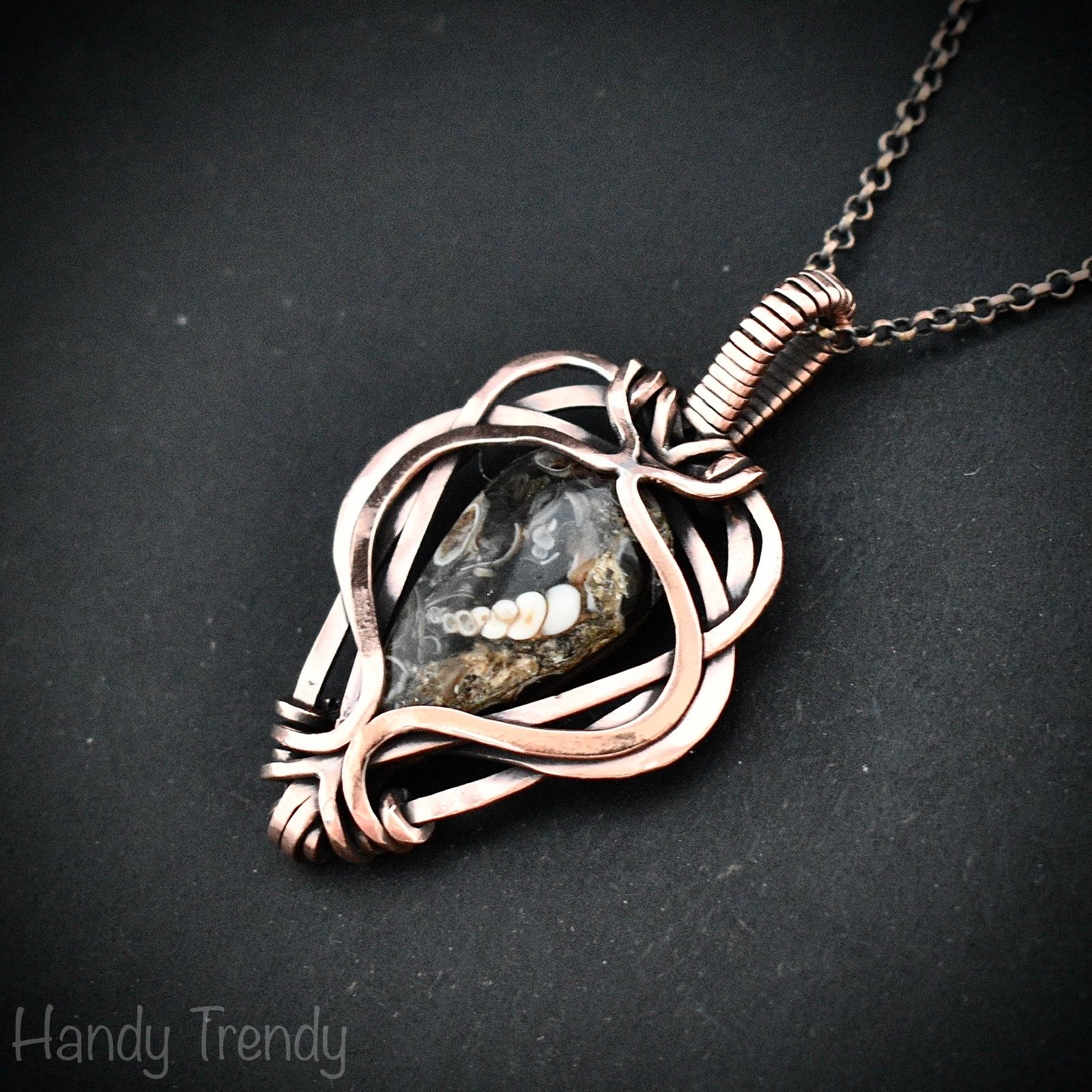 Turritella fossil pendant, Free flow copper wire wrapped necklace, Unique handmade gift, One of a kind jewelry, Artisan jewelry