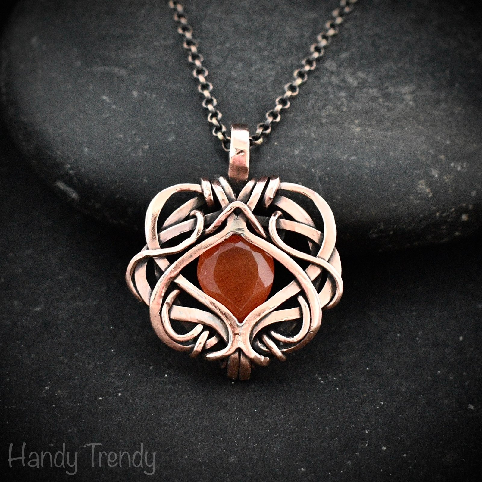 Orange carnelian pendant, Free flow copper wire wrapped necklace, Unique handmade gift, One of a kind Artisan boho jewelry