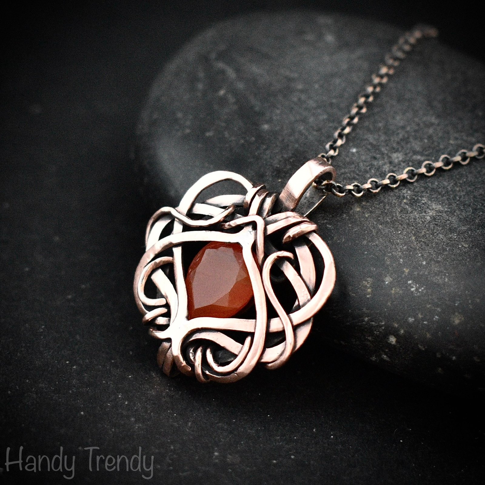 Orange carnelian pendant, Free flow copper wire wrapped necklace, Unique handmade gift, One of a kind Artisan boho jewelry