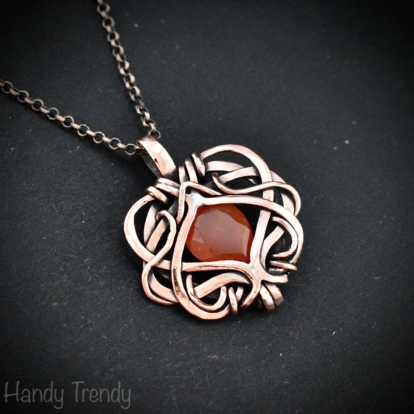 Orange carnelian pendant, Free flow copper wire wrapped necklace, Unique handmade gift, One of a kind Artisan boho jewelry