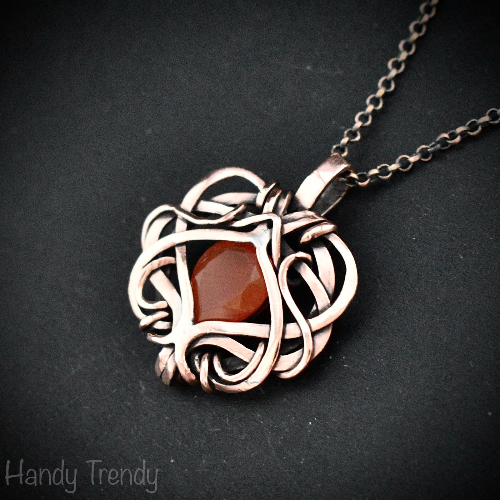 Orange carnelian pendant, Free flow copper wire wrapped necklace, Unique handmade gift, One of a kind Artisan boho jewelry
