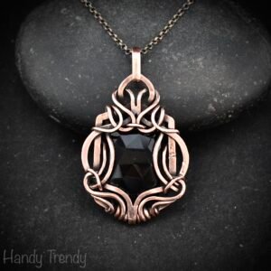 Black onyx pendant, Free flow copper wire wrapped necklace, Unique handmade gift, One of a kind jewelry, Artisan jewelry, Black pendant