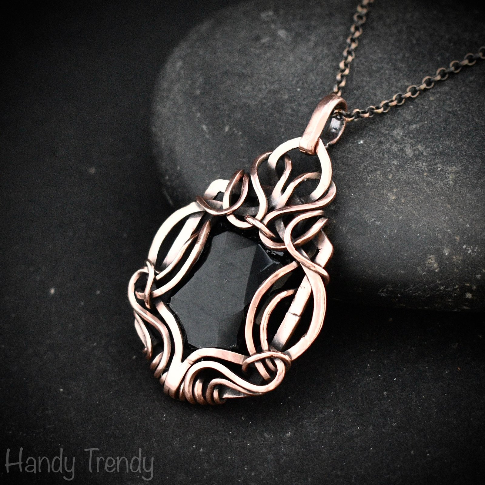 Black onyx pendant, Free flow copper wire wrapped necklace, Unique handmade gift, One of a kind jewelry, Artisan jewelry, Black pendant