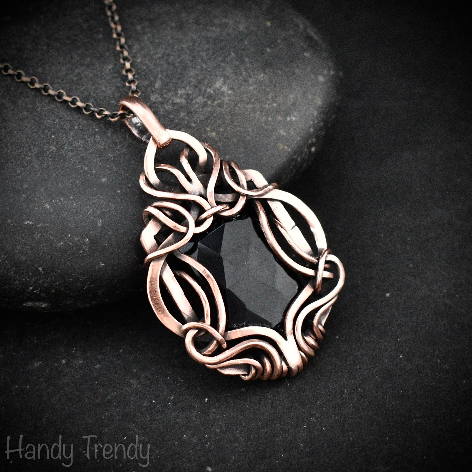 Black onyx pendant, Free flow copper wire wrapped necklace, Unique handmade gift, One of a kind jewelry, Artisan jewelry, Black pendant