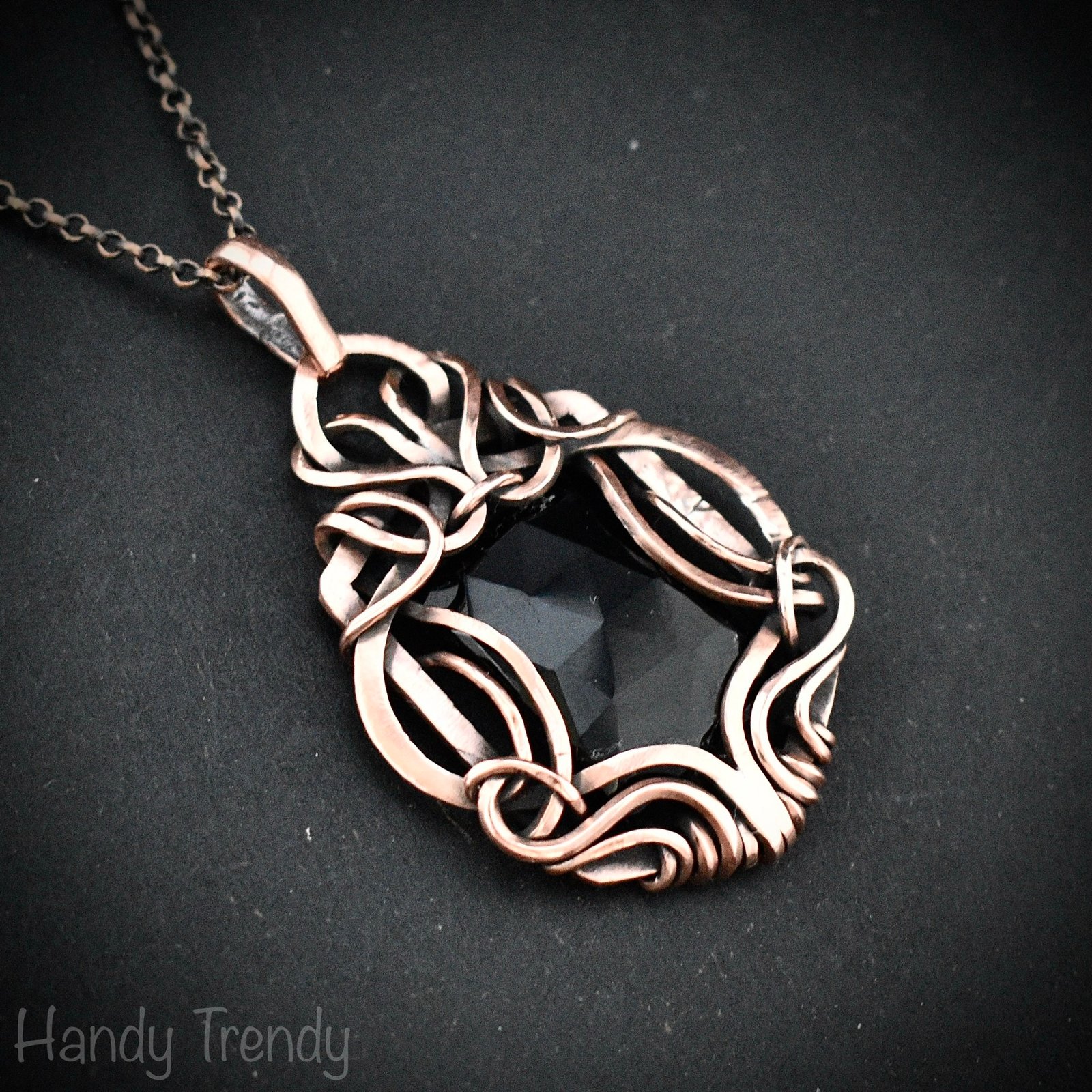Black onyx pendant, Free flow copper wire wrapped necklace, Unique handmade gift, One of a kind jewelry, Artisan jewelry, Black pendant