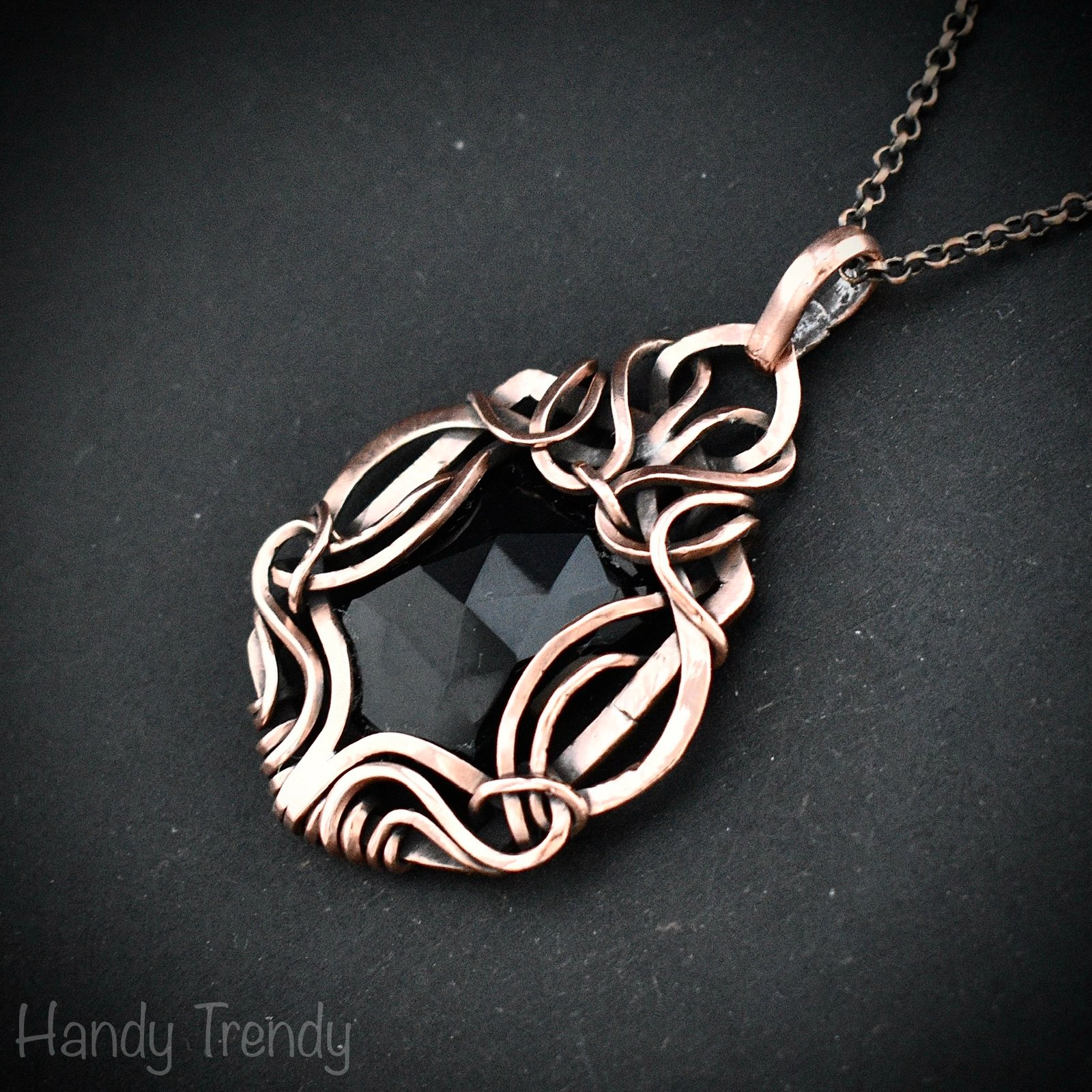 Black onyx pendant, Free flow copper wire wrapped necklace, Unique handmade gift, One of a kind jewelry, Artisan jewelry, Black pendant