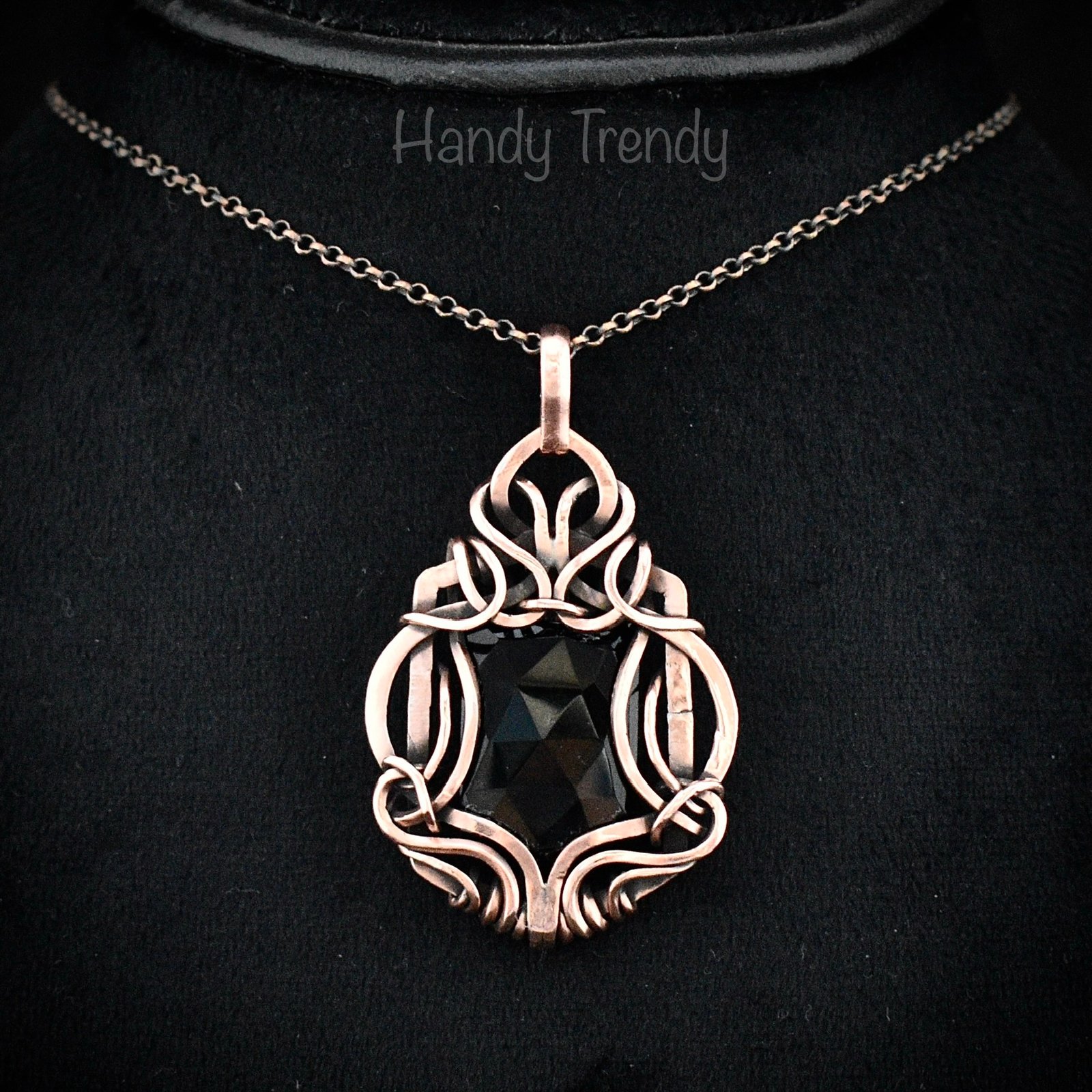 Black onyx pendant, Free flow copper wire wrapped necklace, Unique handmade gift, One of a kind jewelry, Artisan jewelry, Black pendant