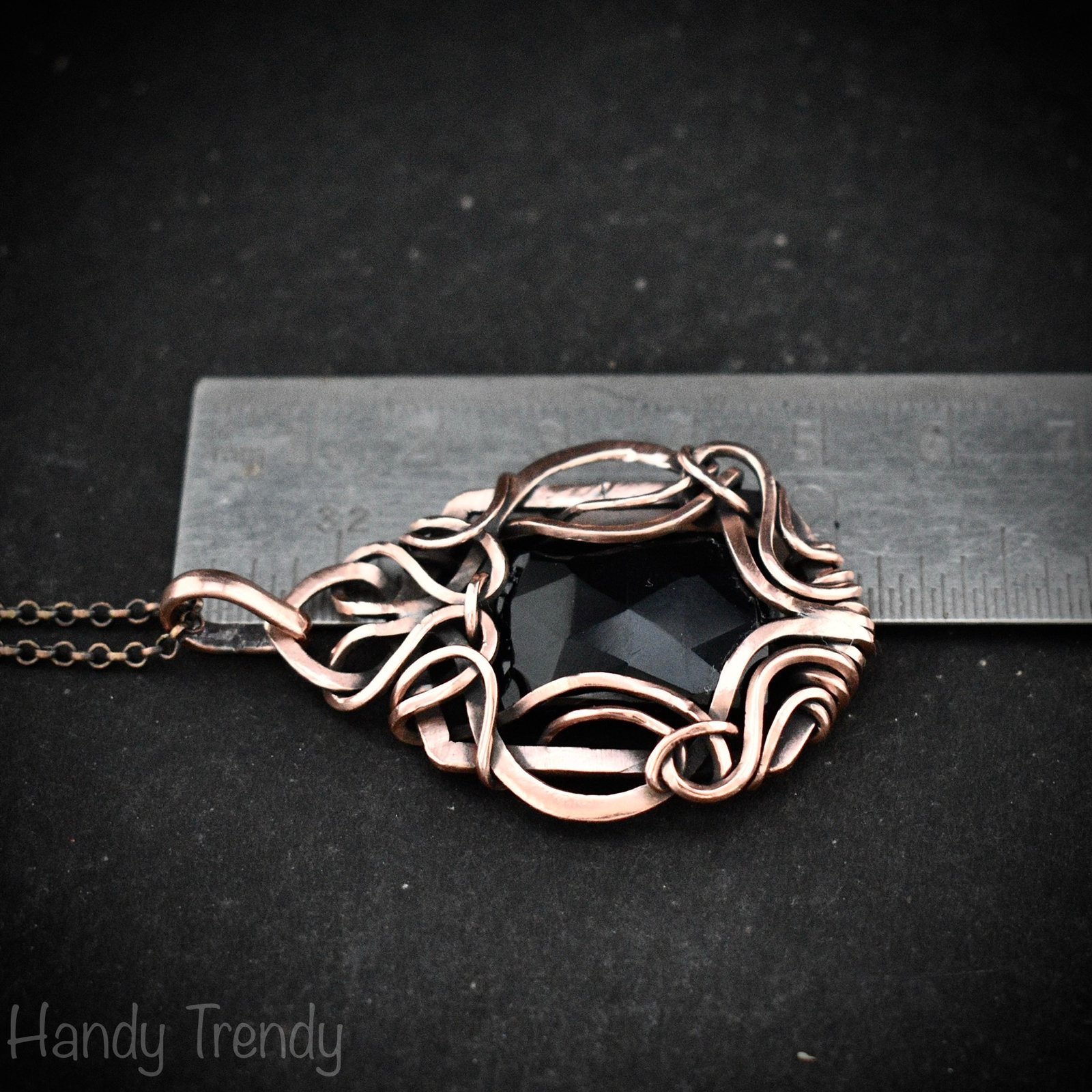 Black onyx pendant, Free flow copper wire wrapped necklace, Unique handmade gift, One of a kind jewelry, Artisan jewelry, Black pendant