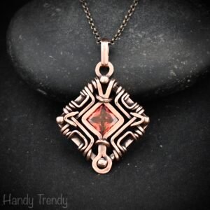 Red cubic zirconia mandala pendant, Free flow copper wire wrapped necklace, Unique handmade gift, One of a kind artisan jewelry