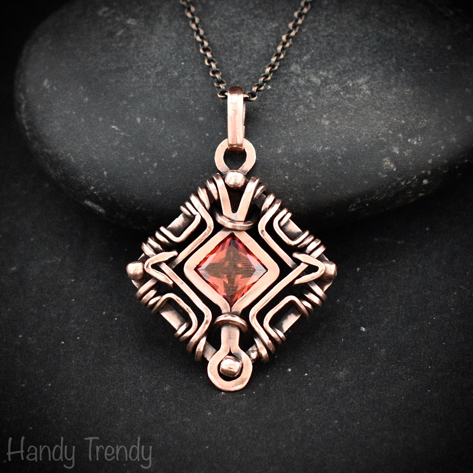 Red cubic zirconia mandala pendant, Free flow copper wire wrapped necklace, Unique handmade gift, One of a kind artisan jewelry