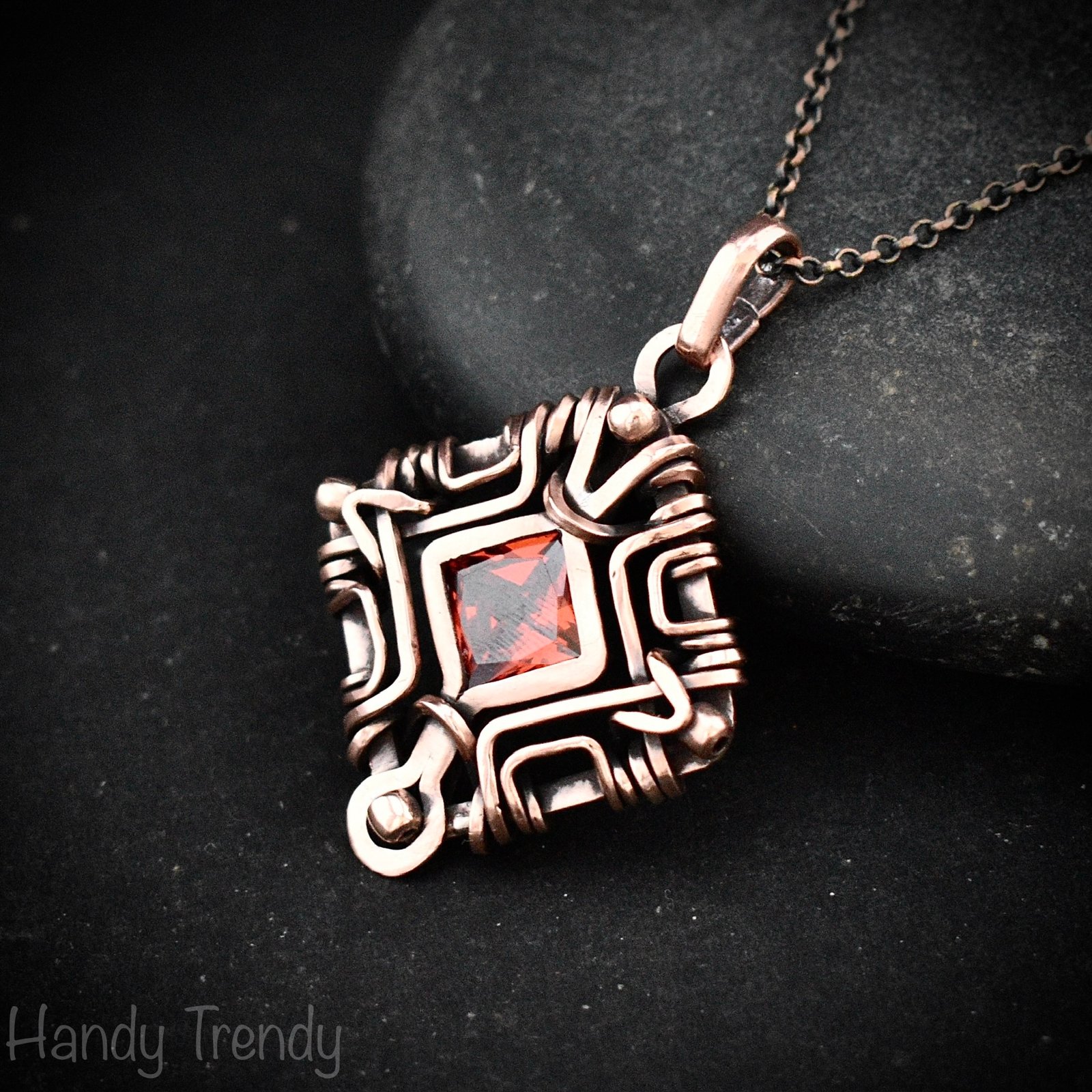 Red cubic zirconia mandala pendant, Free flow copper wire wrapped necklace, Unique handmade gift, One of a kind artisan jewelry