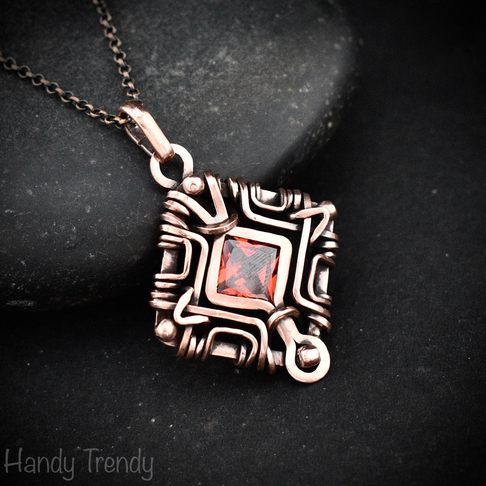Red cubic zirconia mandala pendant, Free flow copper wire wrapped necklace, Unique handmade gift, One of a kind artisan jewelry