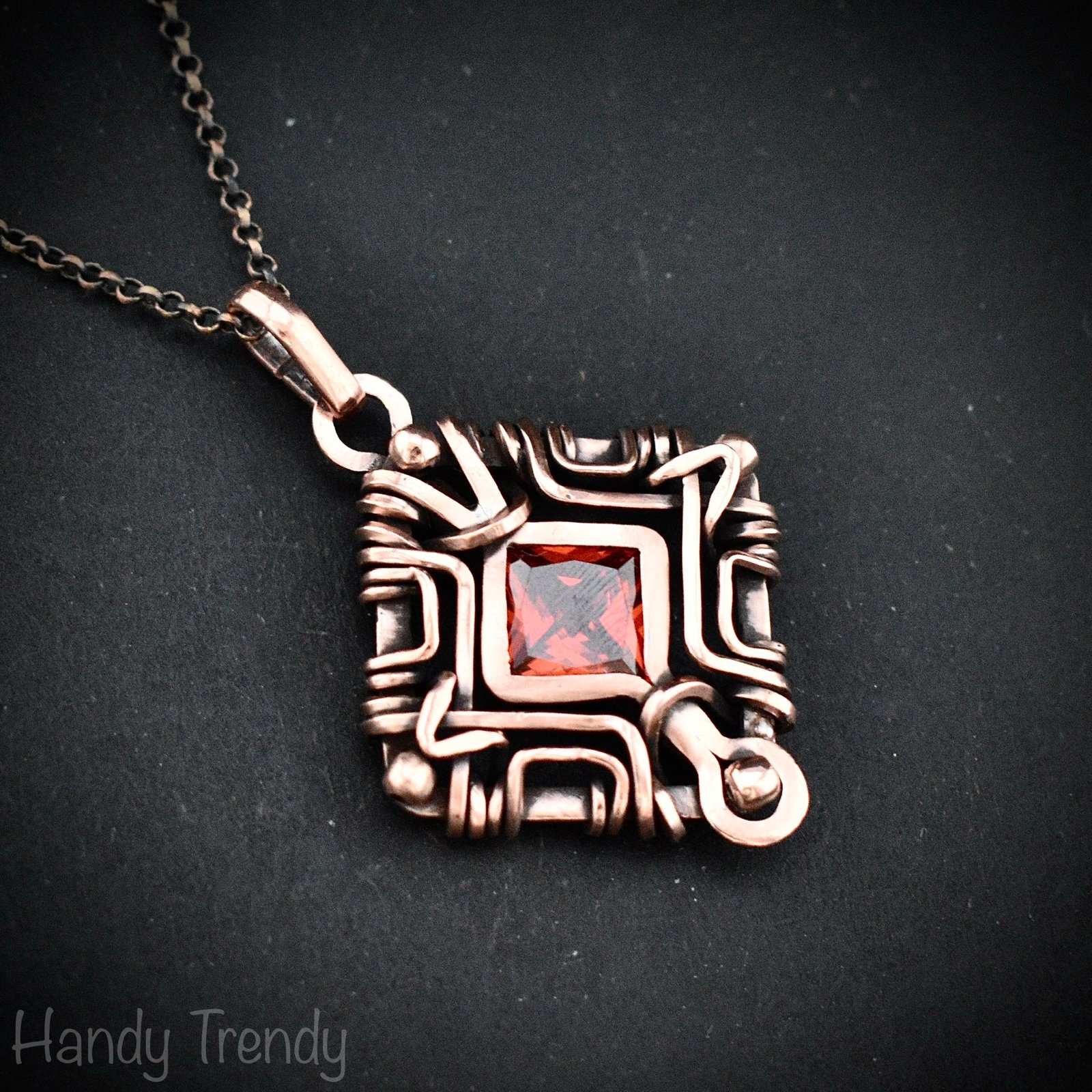 Red cubic zirconia mandala pendant, Free flow copper wire wrapped necklace, Unique handmade gift, One of a kind artisan jewelry