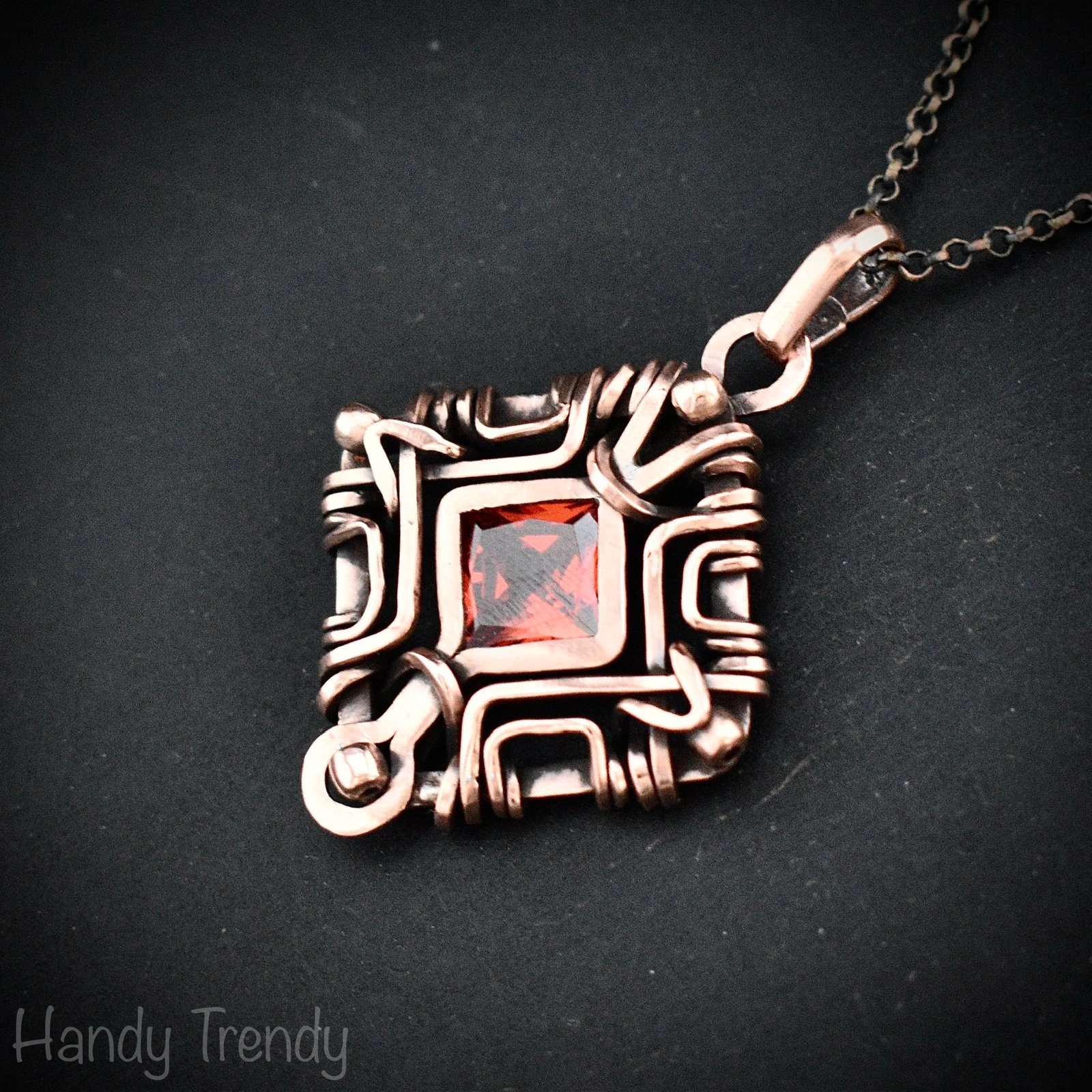 Red cubic zirconia mandala pendant, Free flow copper wire wrapped necklace, Unique handmade gift, One of a kind artisan jewelry