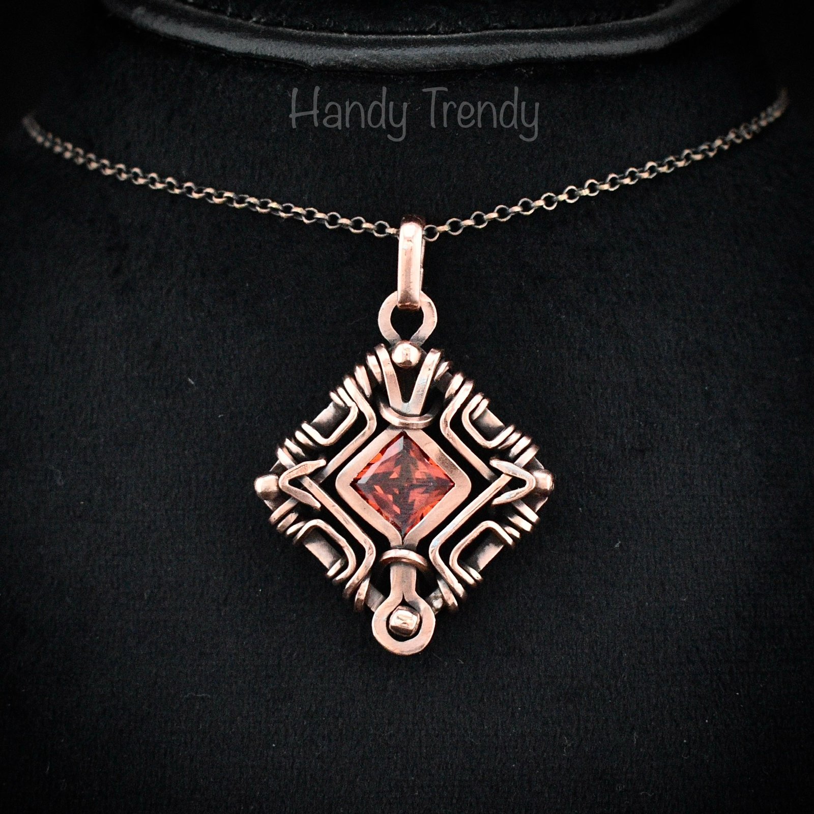 Red cubic zirconia mandala pendant, Free flow copper wire wrapped necklace, Unique handmade gift, One of a kind artisan jewelry