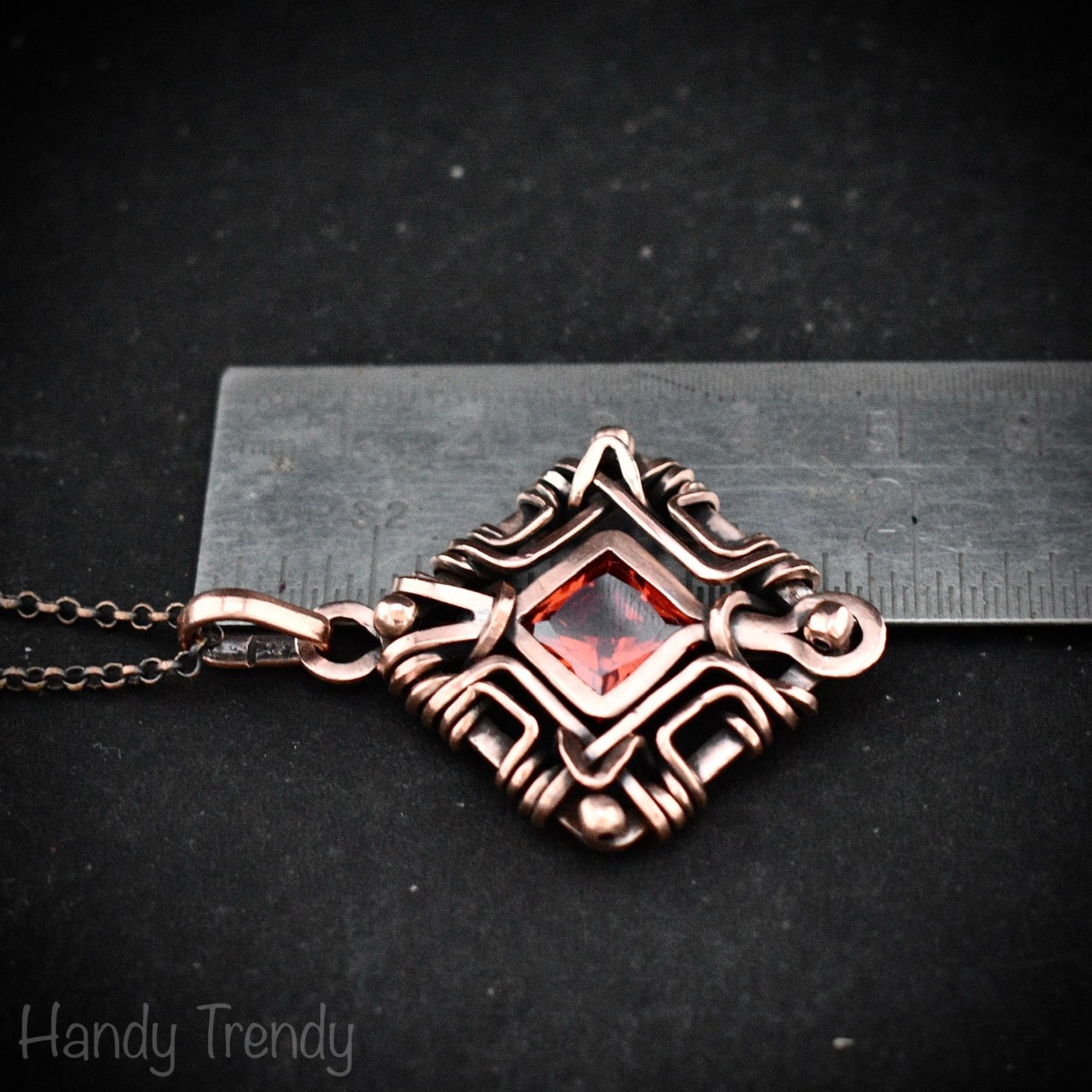 Red cubic zirconia mandala pendant, Free flow copper wire wrapped necklace, Unique handmade gift, One of a kind artisan jewelry