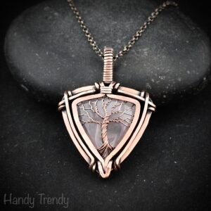 Rose quartz tree of life pendant, Free-Flow copper wire wrapped necklace, Unique handmade gift, One of a kind artisan boho jewelry