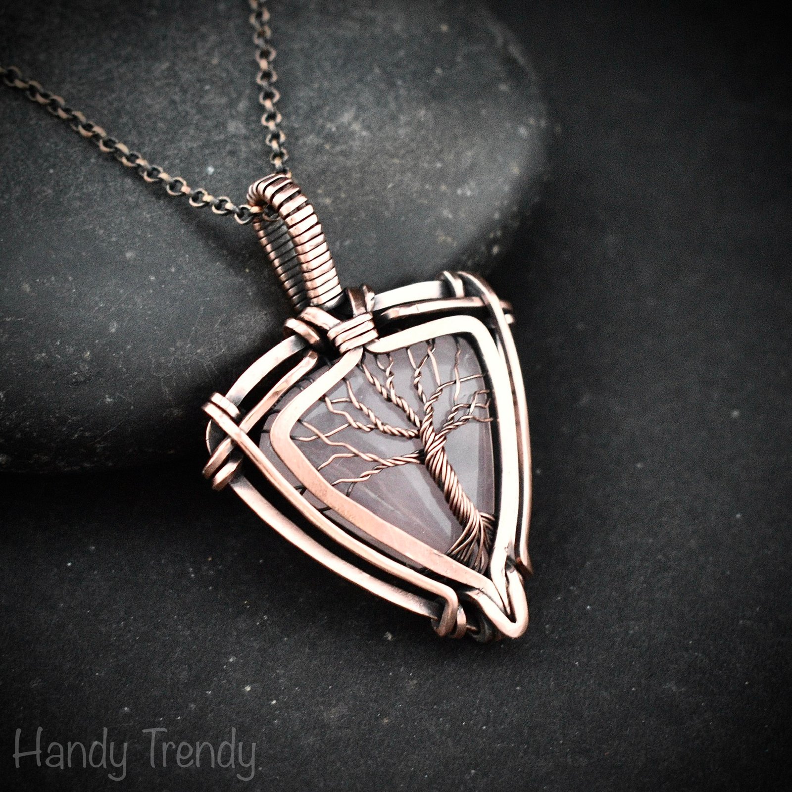 Rose quartz tree of life pendant, Free-Flow copper wire wrapped necklace, Unique handmade gift, One of a kind artisan boho jewelry