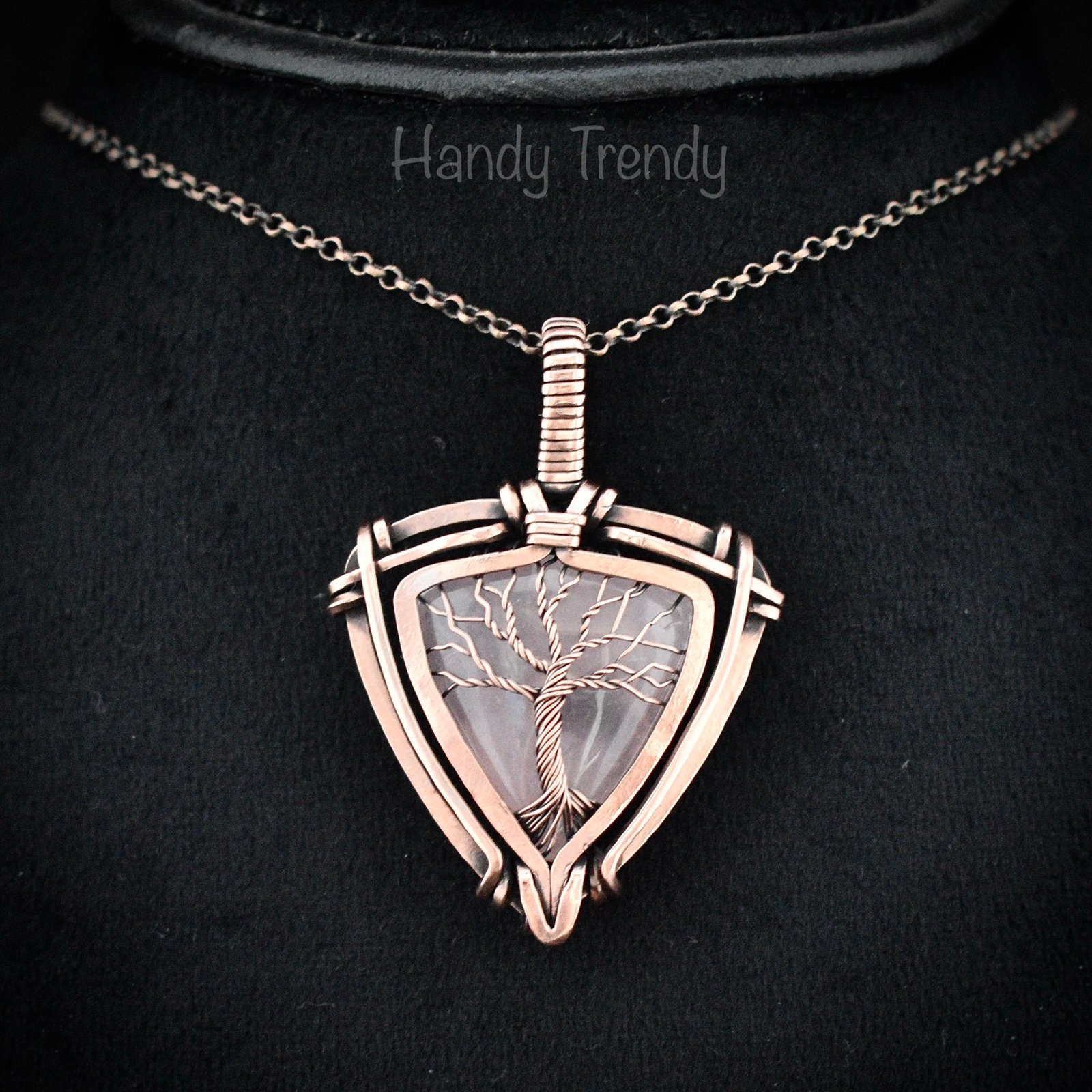 Rose quartz tree of life pendant, Free-Flow copper wire wrapped necklace, Unique handmade gift, One of a kind artisan boho jewelry