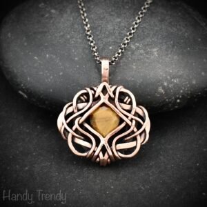 Yellow tiger eye pendant, Free-flow Copper Wire wrapped necklace, Unique handmade gift, One of a kind artisan boho jewelry