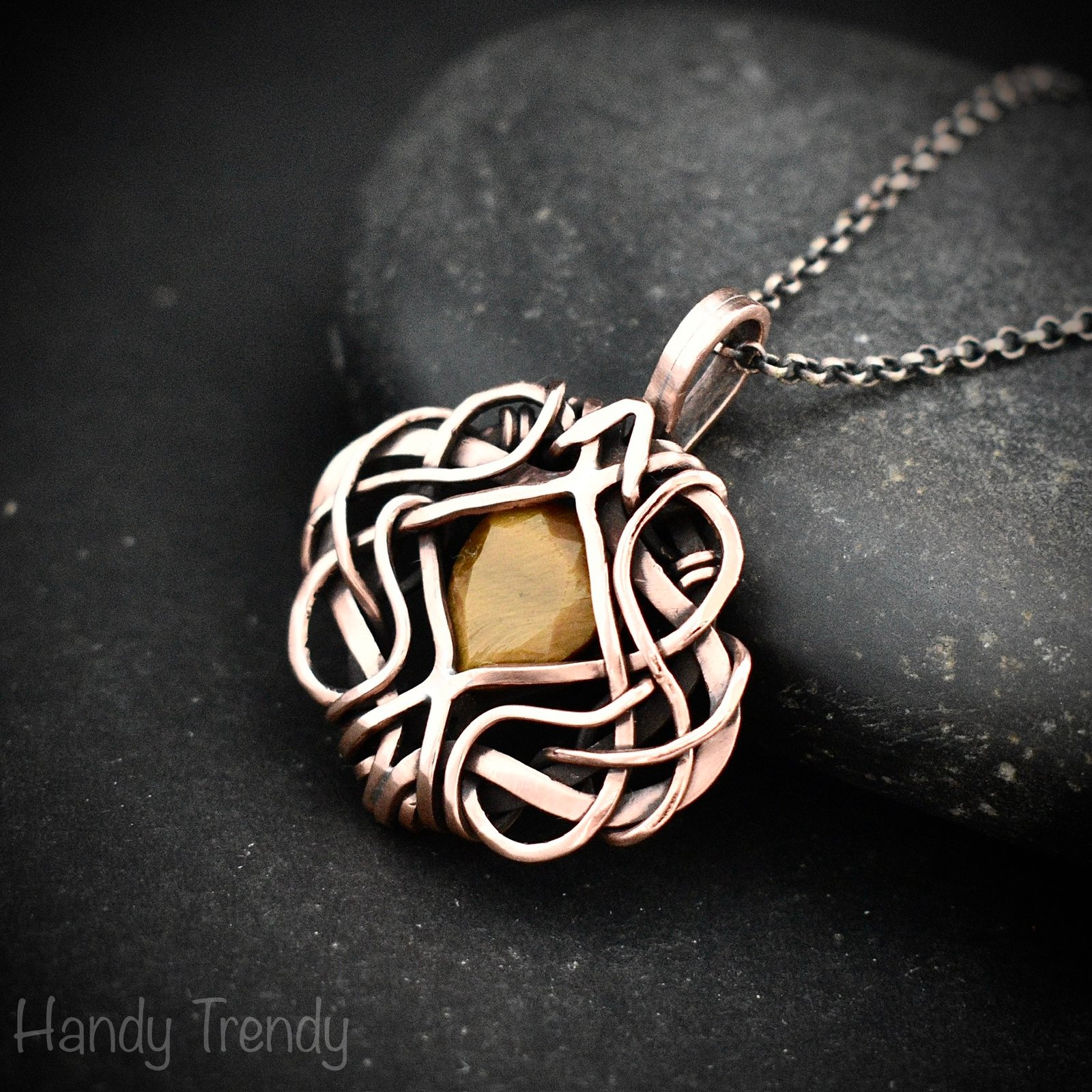 Yellow tiger eye pendant, Free-flow Copper Wire wrapped necklace, Unique handmade gift, One of a kind artisan boho jewelry