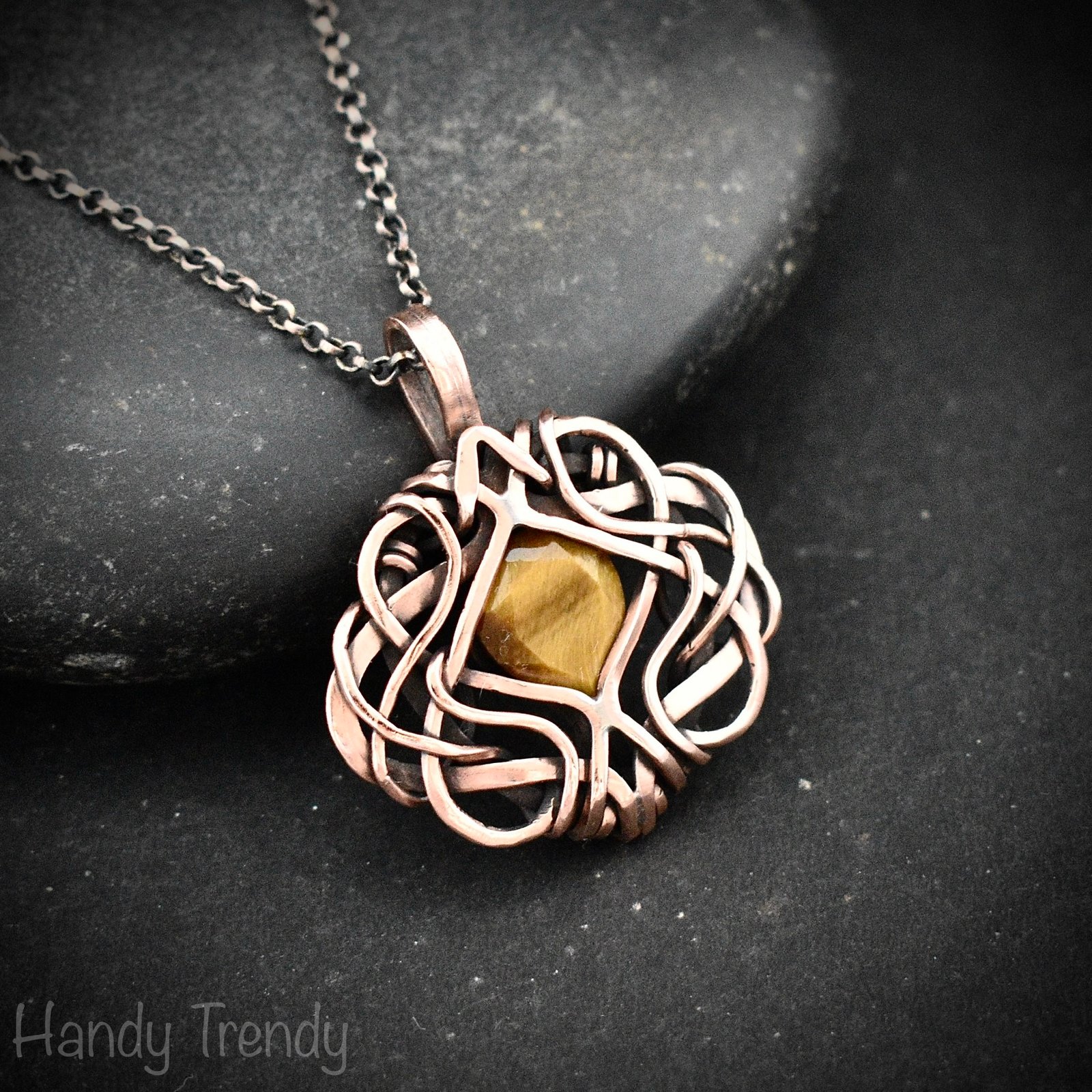 Yellow tiger eye pendant, Free-flow Copper Wire wrapped necklace, Unique handmade gift, One of a kind artisan boho jewelry