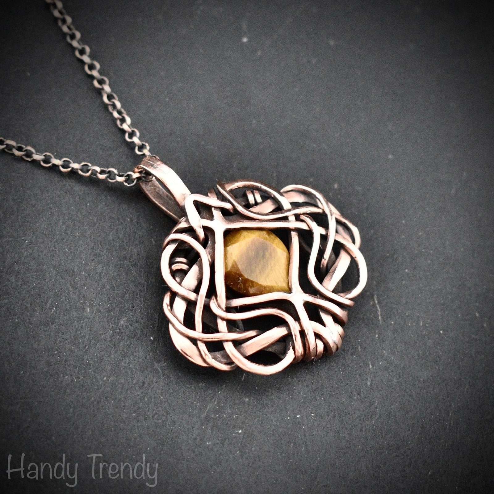 Yellow tiger eye pendant, Free-flow Copper Wire wrapped necklace, Unique handmade gift, One of a kind artisan boho jewelry