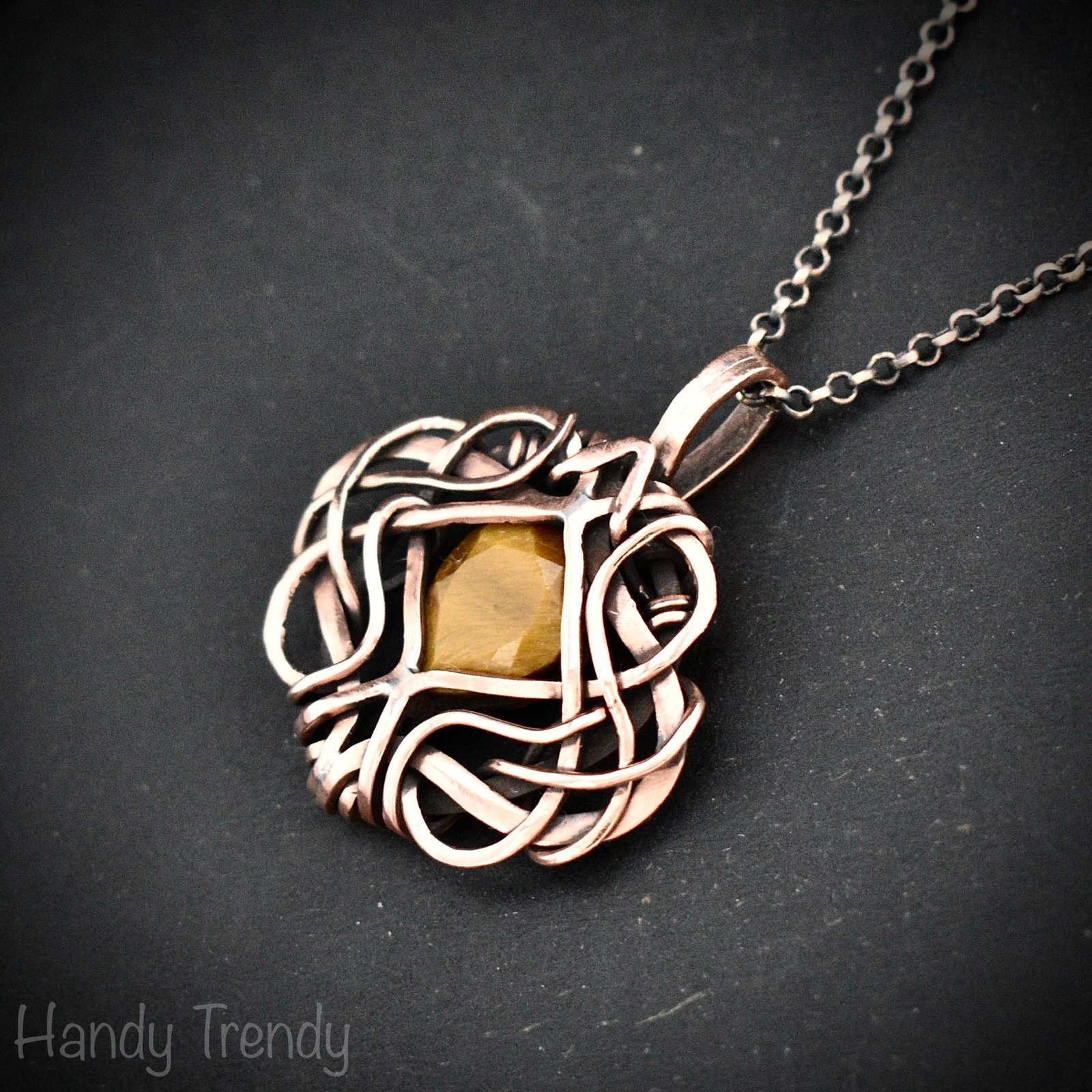 Yellow tiger eye pendant, Free-flow Copper Wire wrapped necklace, Unique handmade gift, One of a kind artisan boho jewelry