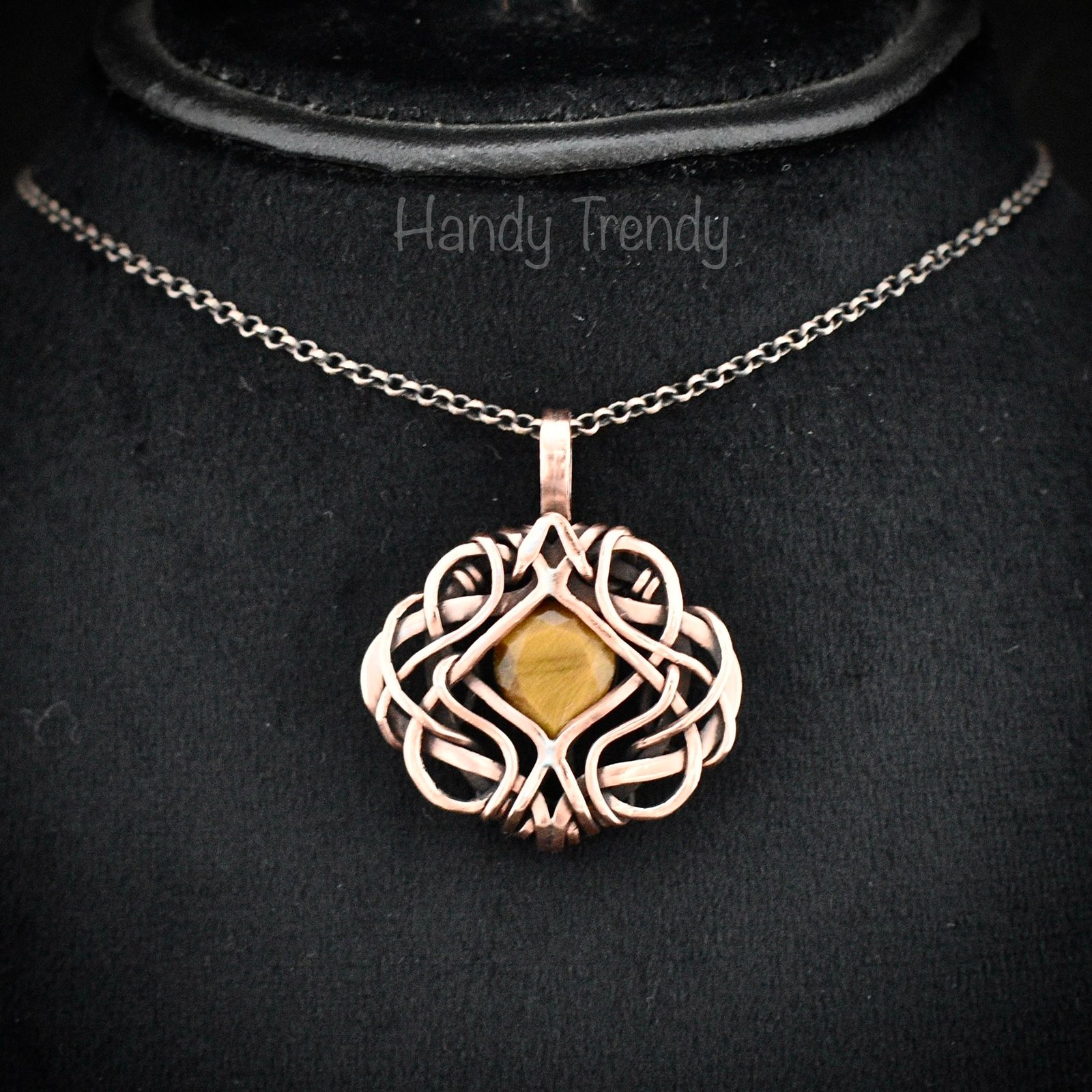 Yellow tiger eye pendant, Free-flow Copper Wire wrapped necklace, Unique handmade gift, One of a kind artisan boho jewelry