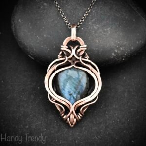 Blue labradorite pendant, Free flow copper Wire wrapped necklace, Unique handmade gift, One of a kind artisan jewelry