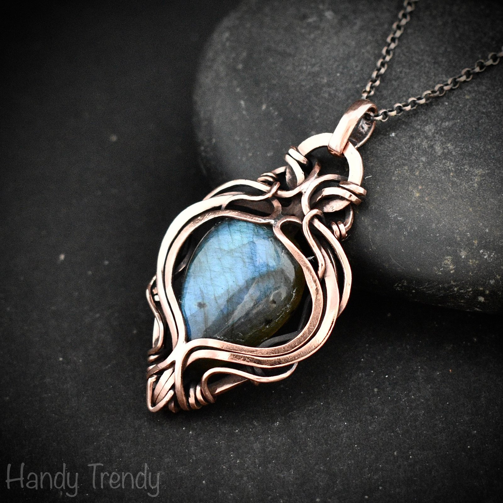 Blue labradorite pendant, Free flow copper Wire wrapped necklace, Unique handmade gift, One of a kind artisan jewelry