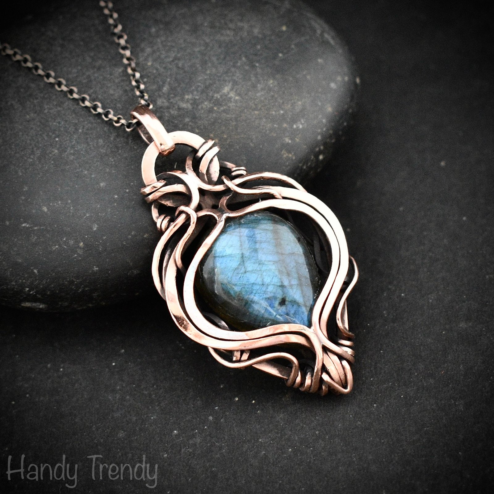 Blue labradorite pendant, Free flow copper Wire wrapped necklace, Unique handmade gift, One of a kind artisan jewelry