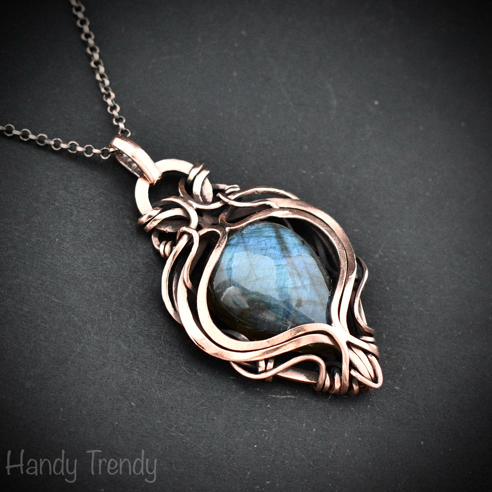 Blue labradorite pendant, Free flow copper Wire wrapped necklace, Unique handmade gift, One of a kind artisan jewelry