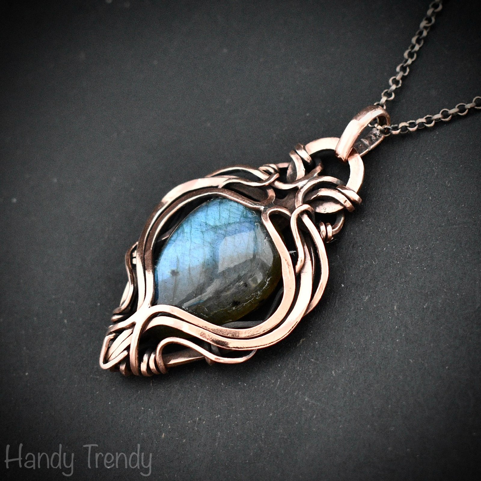 Blue labradorite pendant, Free flow copper Wire wrapped necklace, Unique handmade gift, One of a kind artisan jewelry