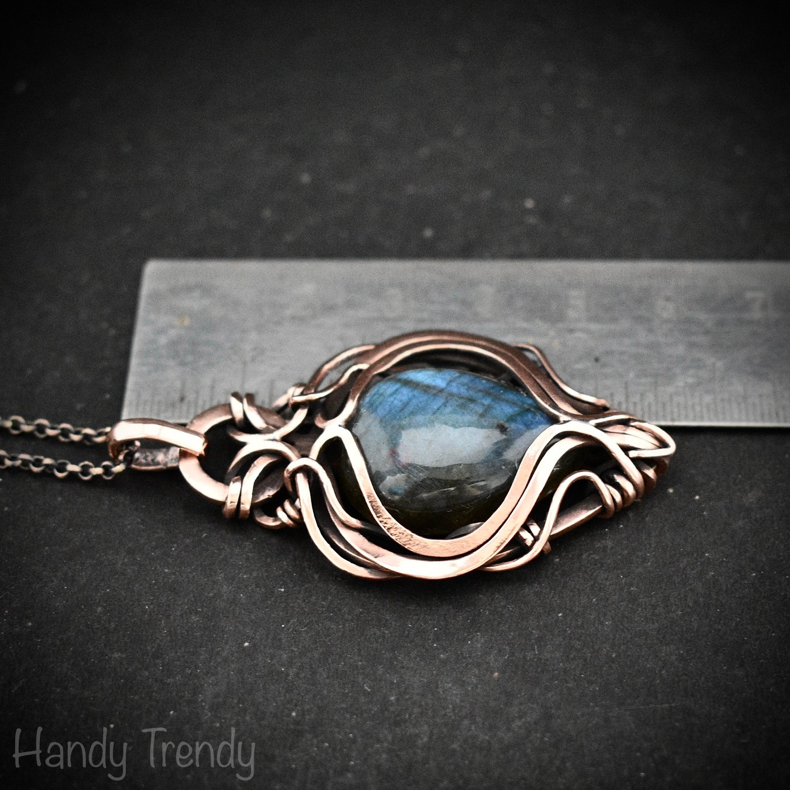 Blue labradorite pendant, Free flow copper Wire wrapped necklace, Unique handmade gift, One of a kind artisan jewelry