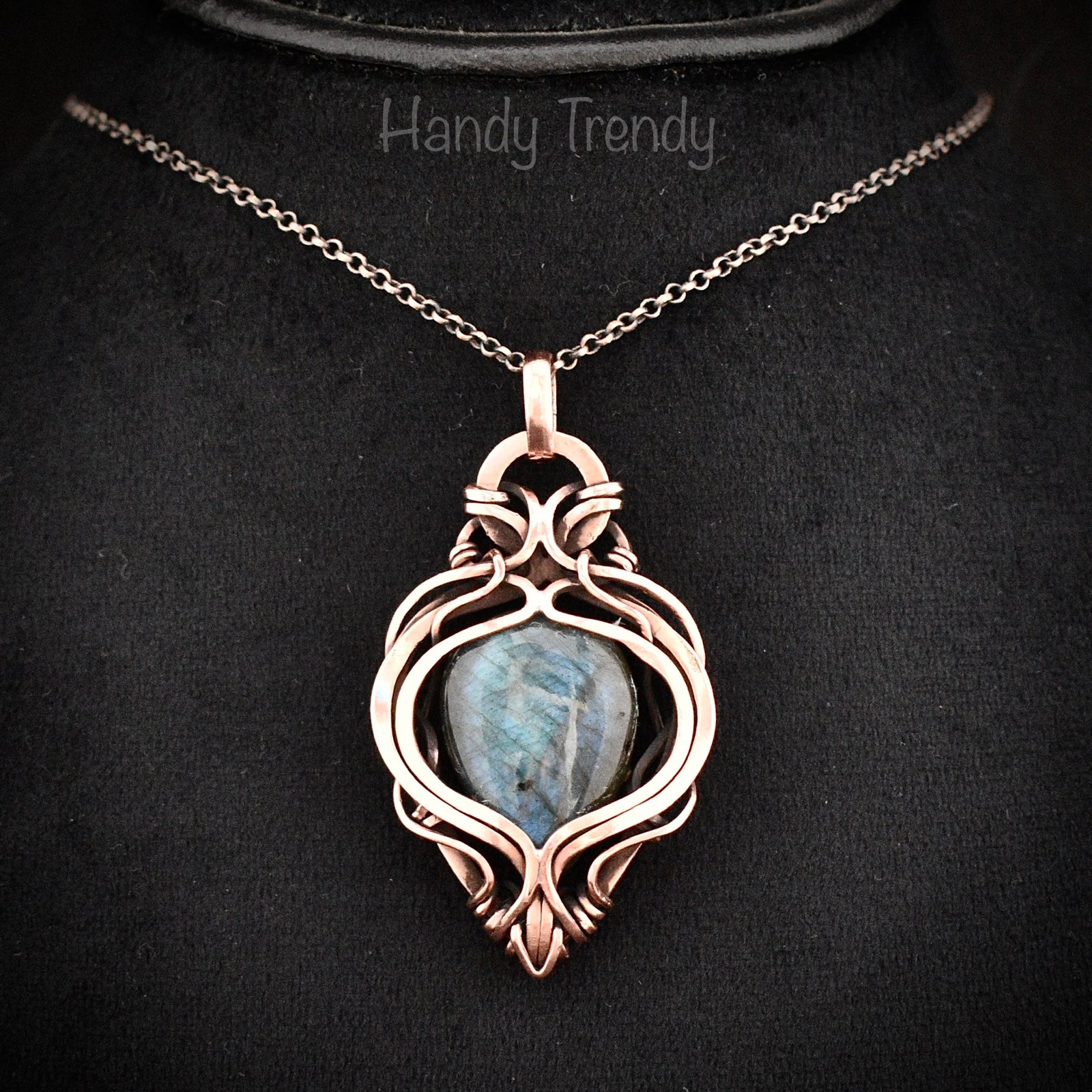 Blue labradorite pendant, Free flow copper Wire wrapped necklace, Unique handmade gift, One of a kind artisan jewelry