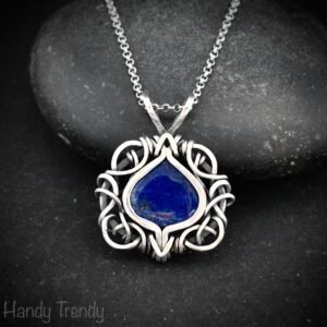Blue lapis lazuli pendant, 925 sterling silver free flow wire wrapped jewelry, Unique handmade gift, One of a kind artisan necklace
