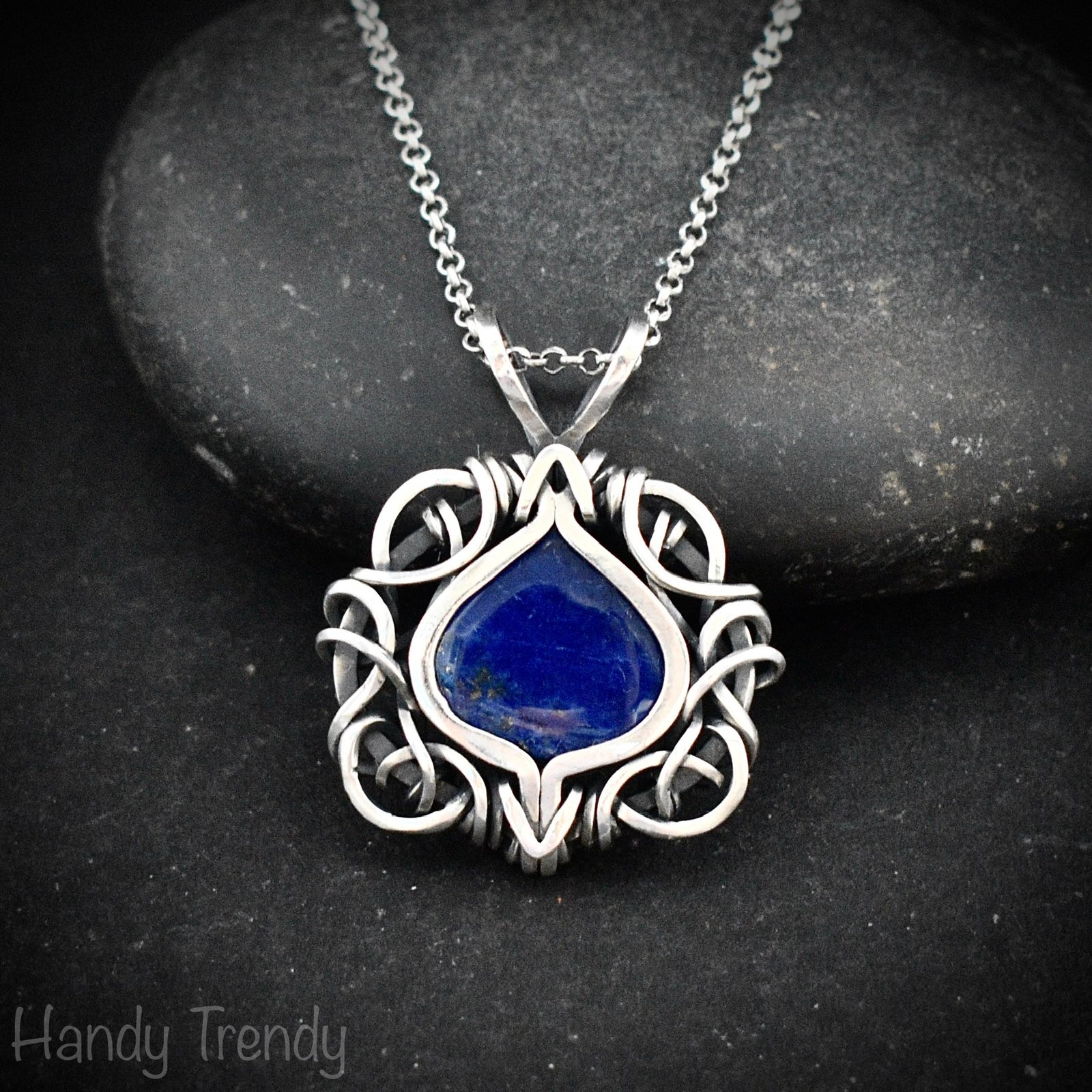 Blue lapis lazuli pendant, 925 sterling silver free flow wire wrapped jewelry, Unique handmade gift, One of a kind artisan necklace